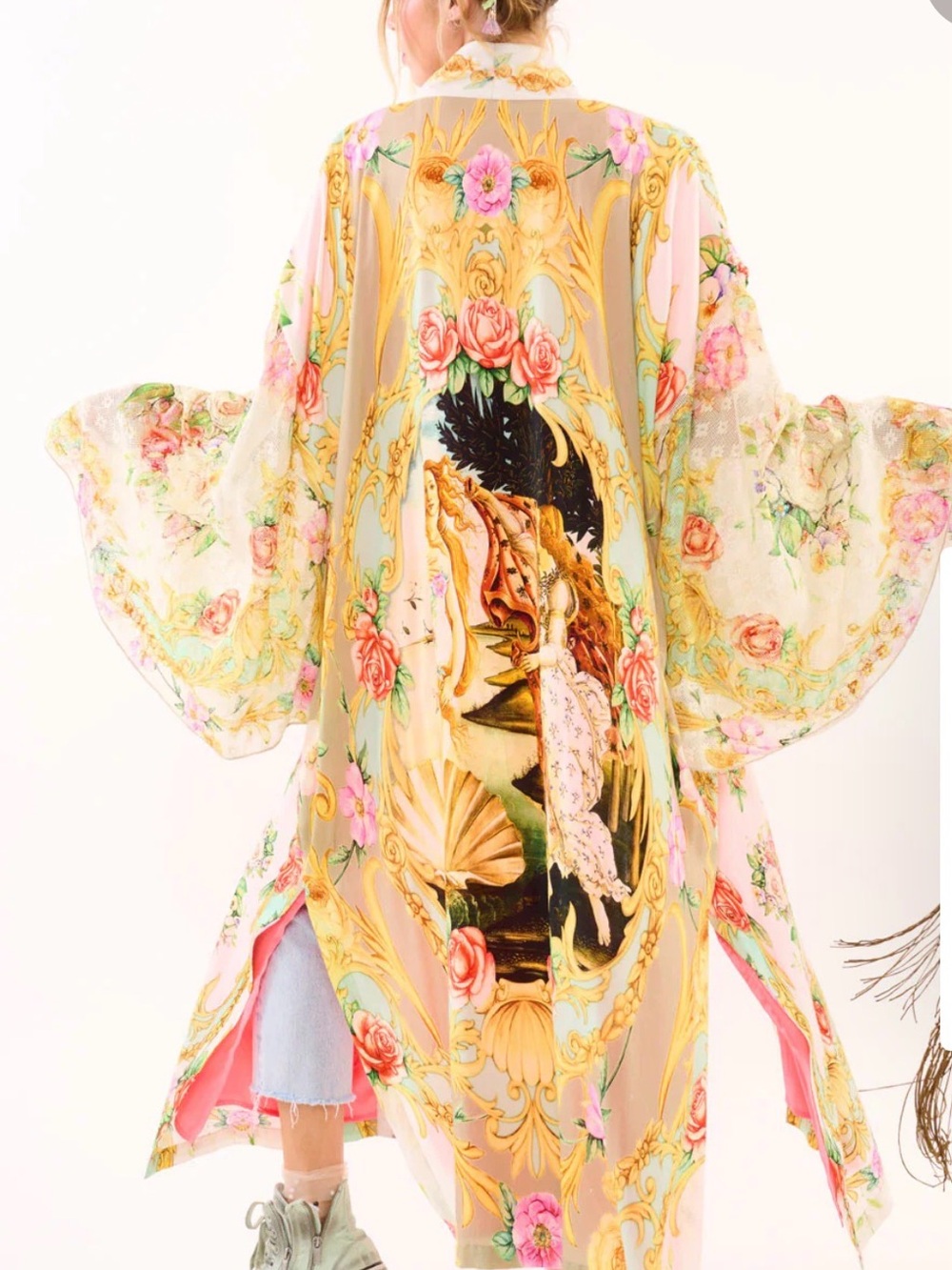 Aratta Floral Pink Gold Sheer Kimono Robe